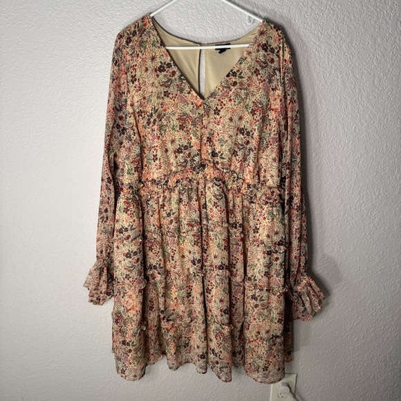 torrid Dresses & Skirts - Torrid Mini Lurex Chiffon Tiered Dress Floral V Neck Long Sleeve Boho Size 3x